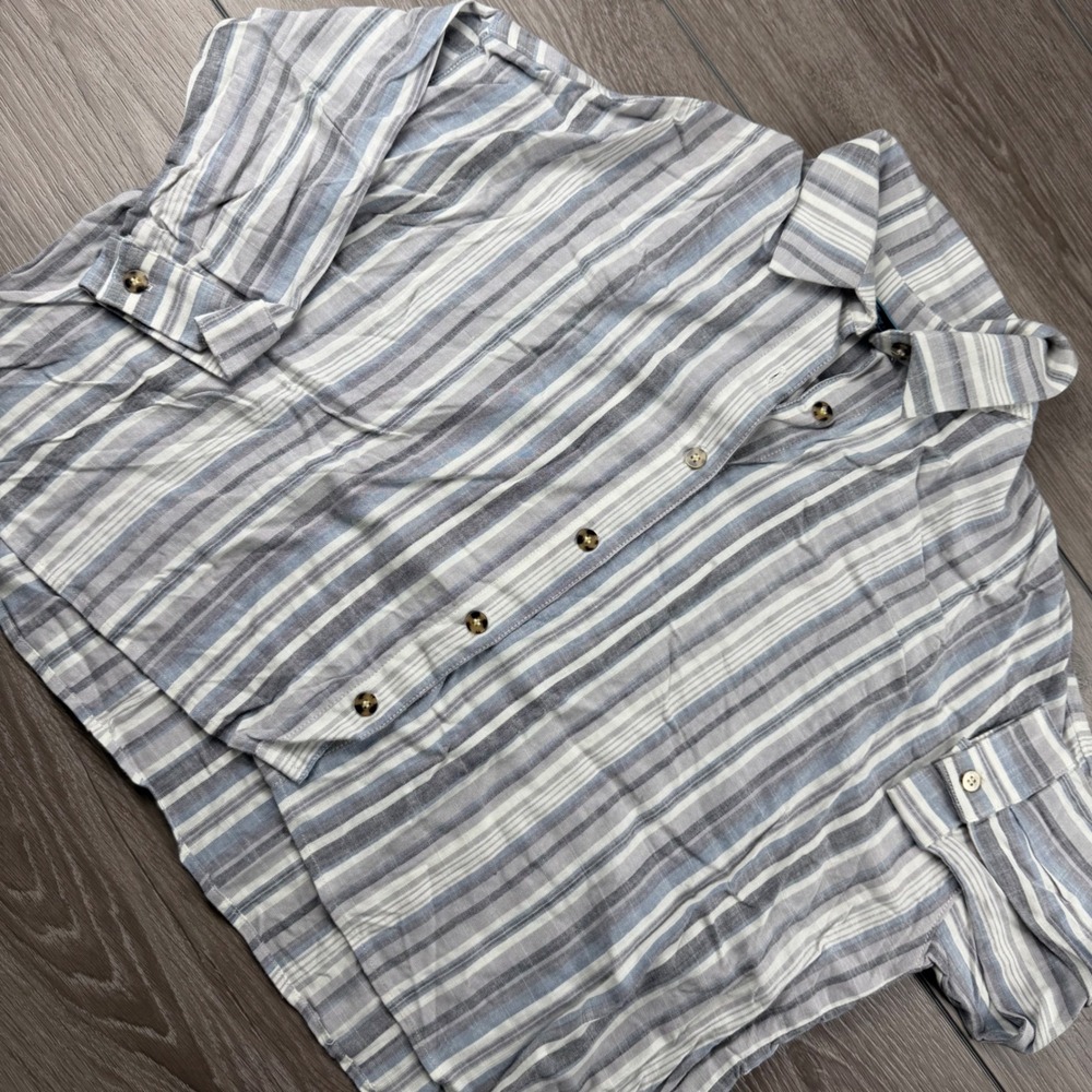 Shore Women Button Up Shirt Striped Oversized Rayon Blue White XS